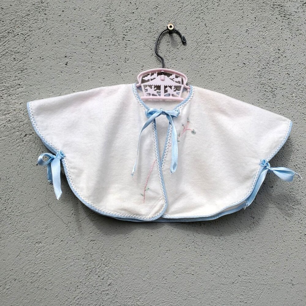 Vintage Baby Cape White Flannel with Blue Ribbon Trim Hand Embroidery